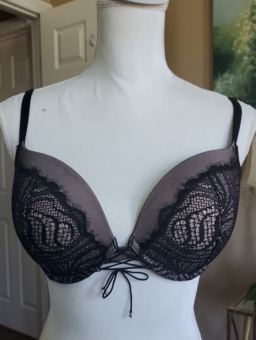 Victoria's Secret Black Lace Bra with Nude Underlay